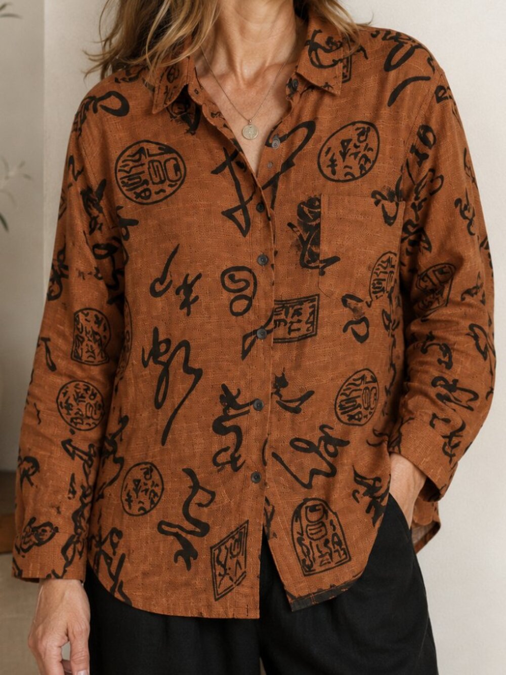 Chicos Design Linen Top Women's Brown and Black Long sleeve